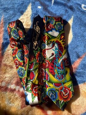 Ed Hardy Black Tie with Vibrant Tattoo Floral and Snake Print
